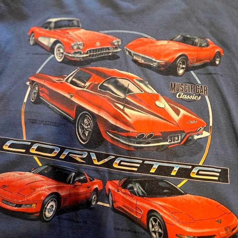 Gildan Corvette Muscle Car Classics T-Shirt Mens Large Blue Vintage Great Fade
